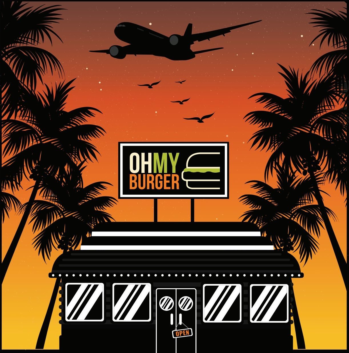 Illustration of the Oh My Burger storefront at sunset