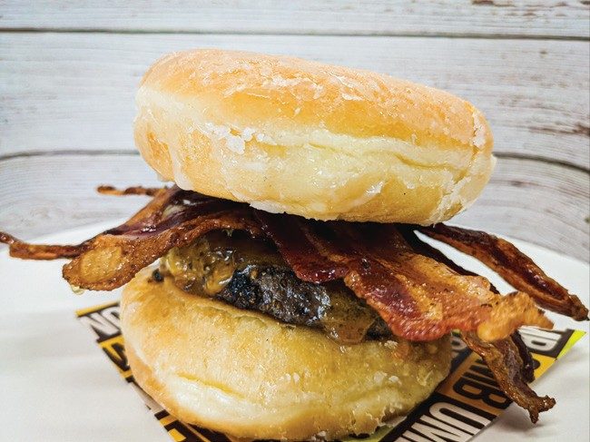 Oh My Burger glazed donut burger with bacon